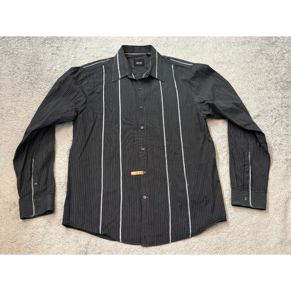 Guess Mens Black Pinstripe Long Sleeve Button Down Shirt Size M Contrast Stitch